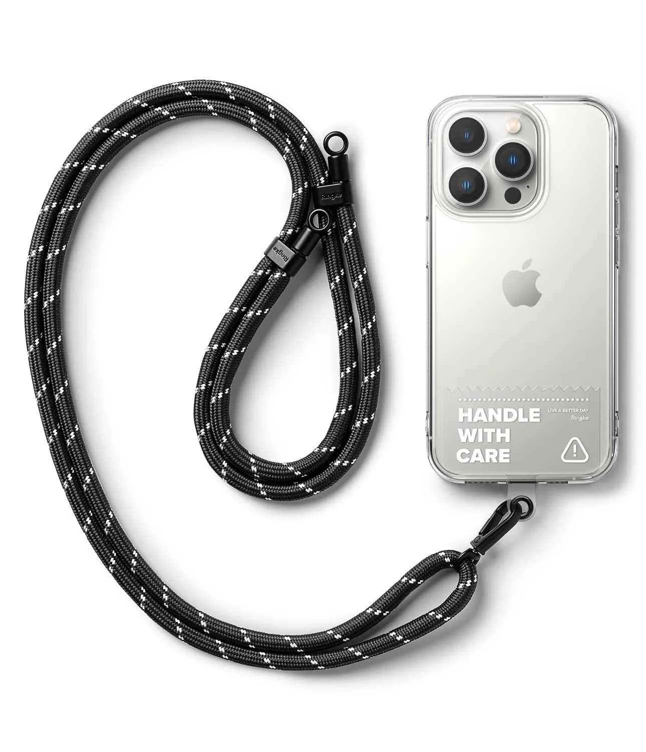 Adjustable Crossbody Polyester Rope Lanyard (Holder Link Strap with Clear TPU Tag) - Black & White