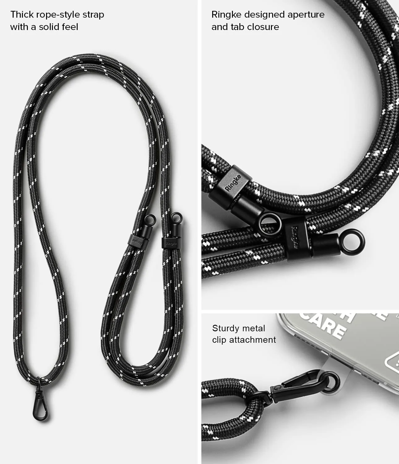 Adjustable Crossbody Polyester Rope Lanyard (Holder Link Strap with Clear TPU Tag) - Black & White