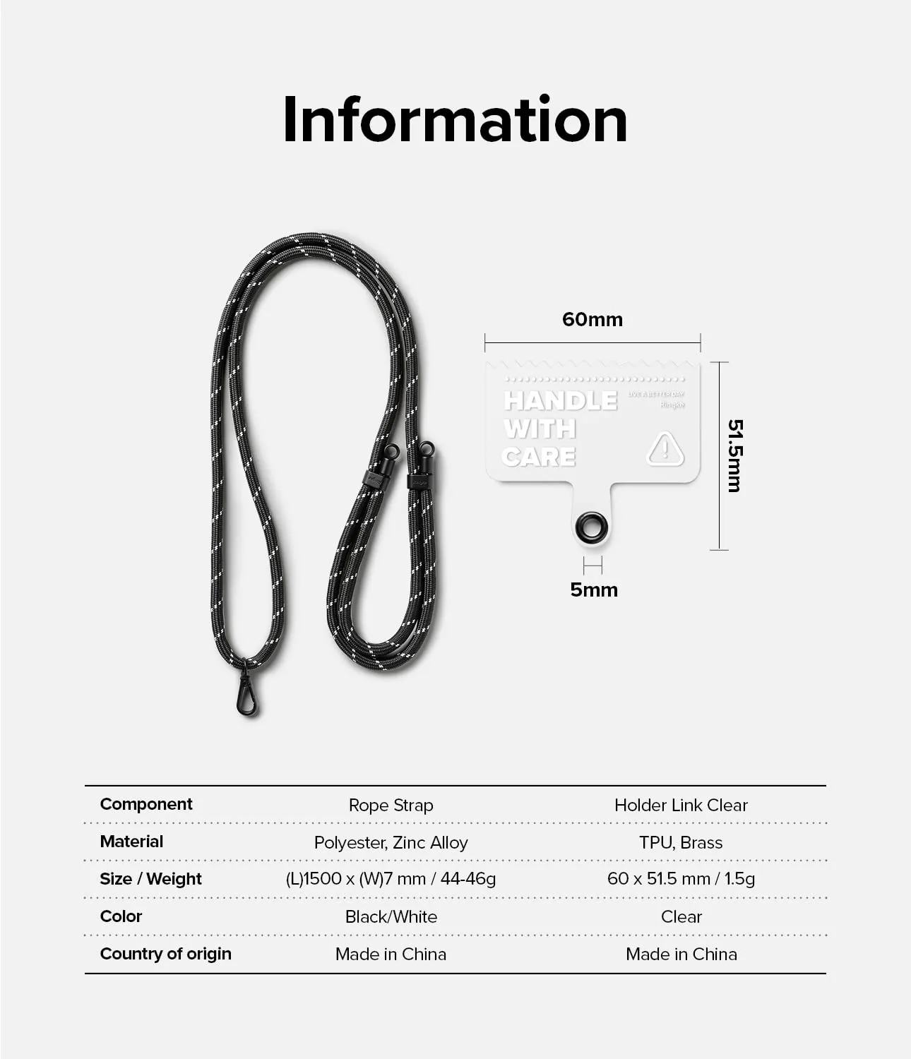 Adjustable Crossbody Polyester Rope Lanyard (Holder Link Strap with Clear TPU Tag) - Black & White