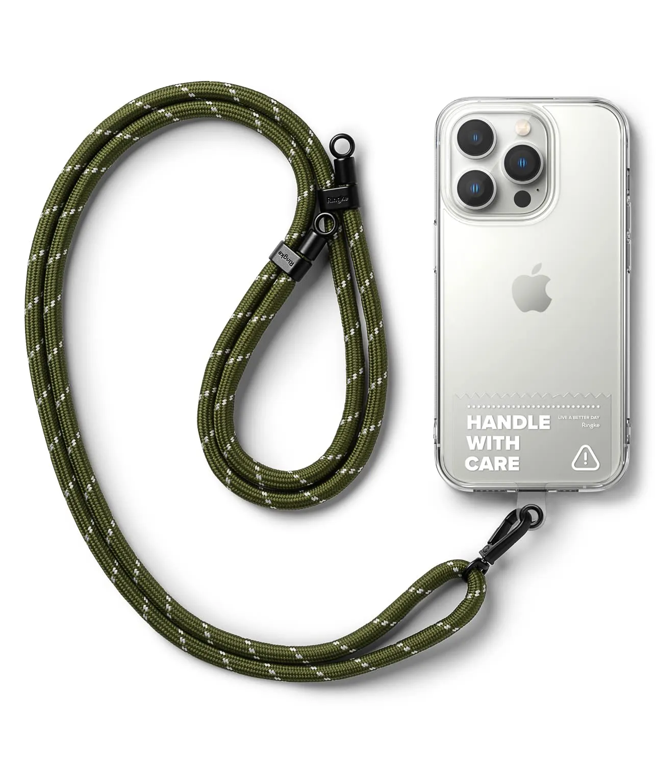 Adjustable Crossbody Polyester Rope Lanyard (Holder Link Strap with Clear TPU Tag) - Khaki & White