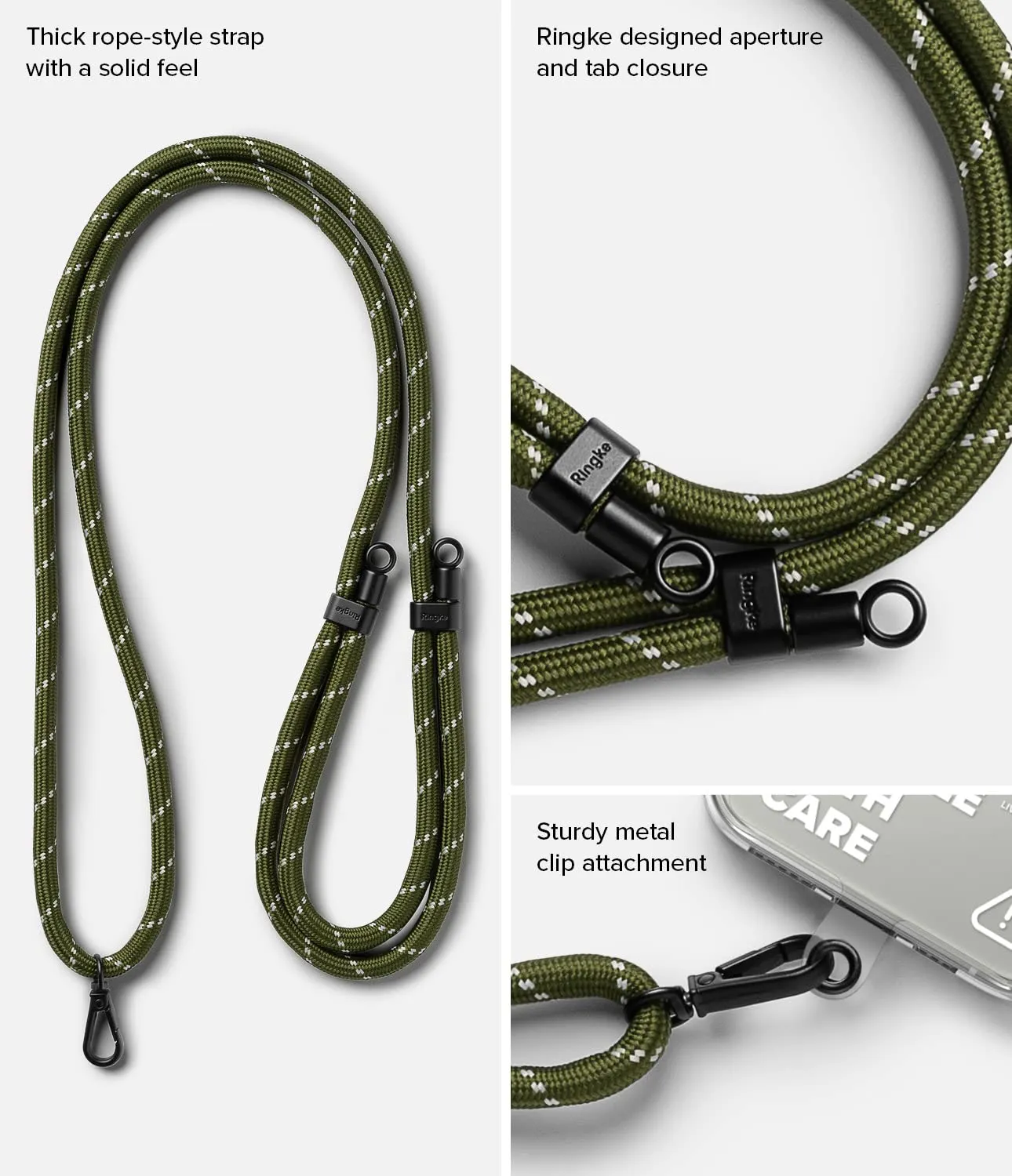 Adjustable Crossbody Polyester Rope Lanyard (Holder Link Strap with Clear TPU Tag) - Khaki & White