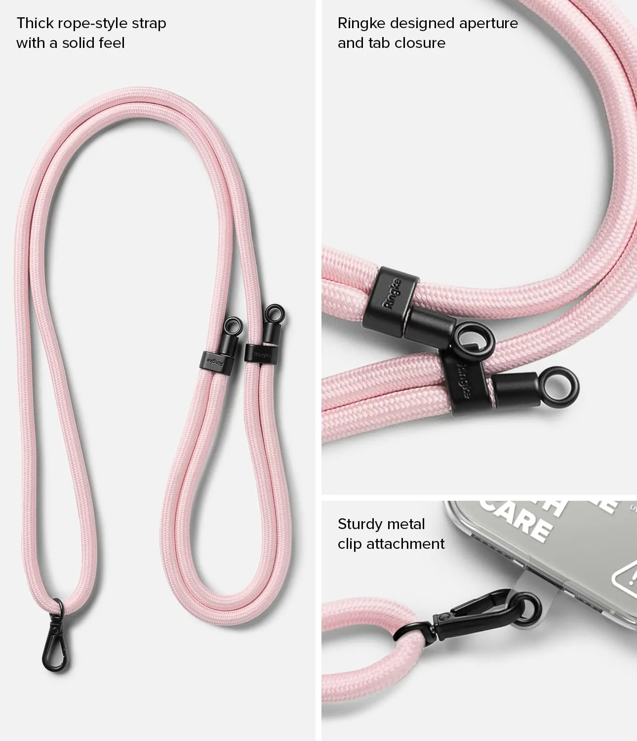 Adjustable Crossbody Polyester Rope Lanyard (Holder Link Strap with Clear TPU Tag) - Pink