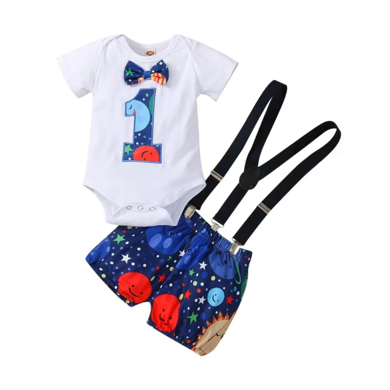 Babymoon 1st Birthday Cake Smash Outfit |Romper & Suspender Costume | 1 Yr - Blue