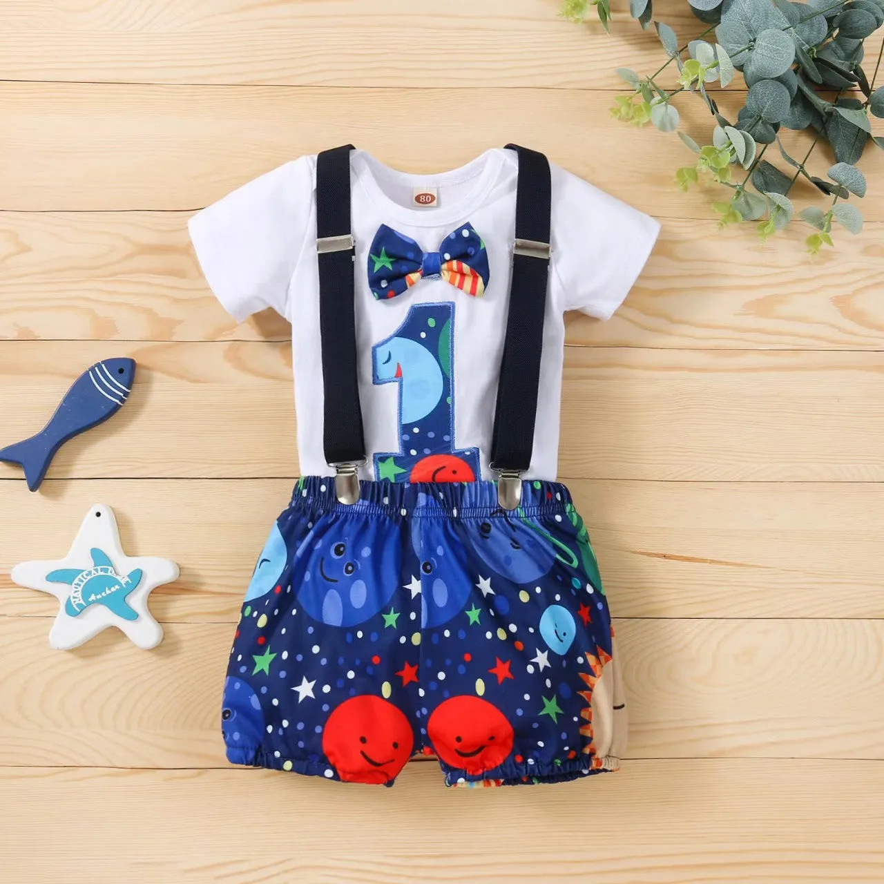 Babymoon 1st Birthday Cake Smash Outfit |Romper & Suspender Costume | 1 Yr - Blue