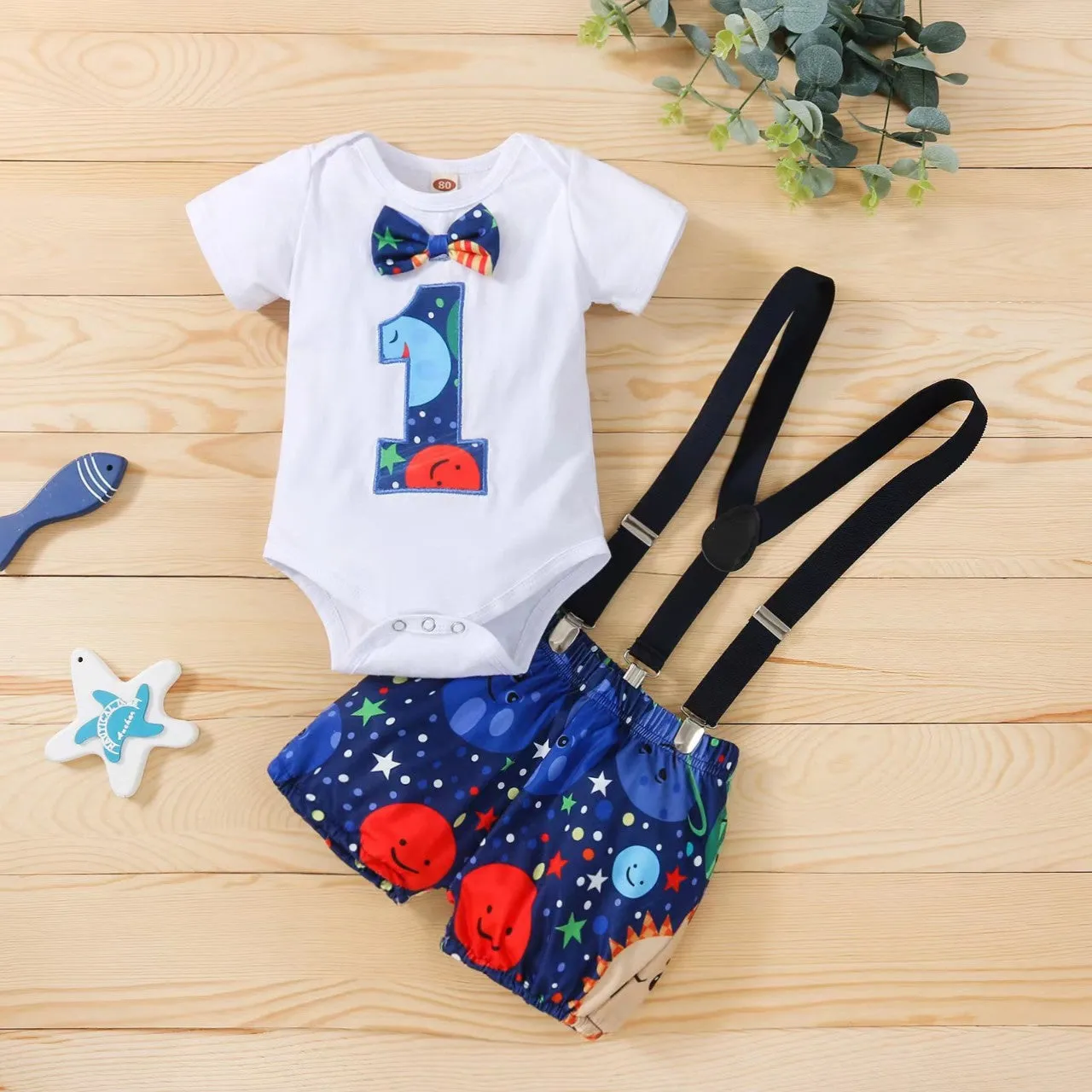 Babymoon 1st Birthday Cake Smash Outfit |Romper & Suspender Costume | 1 Yr - Blue