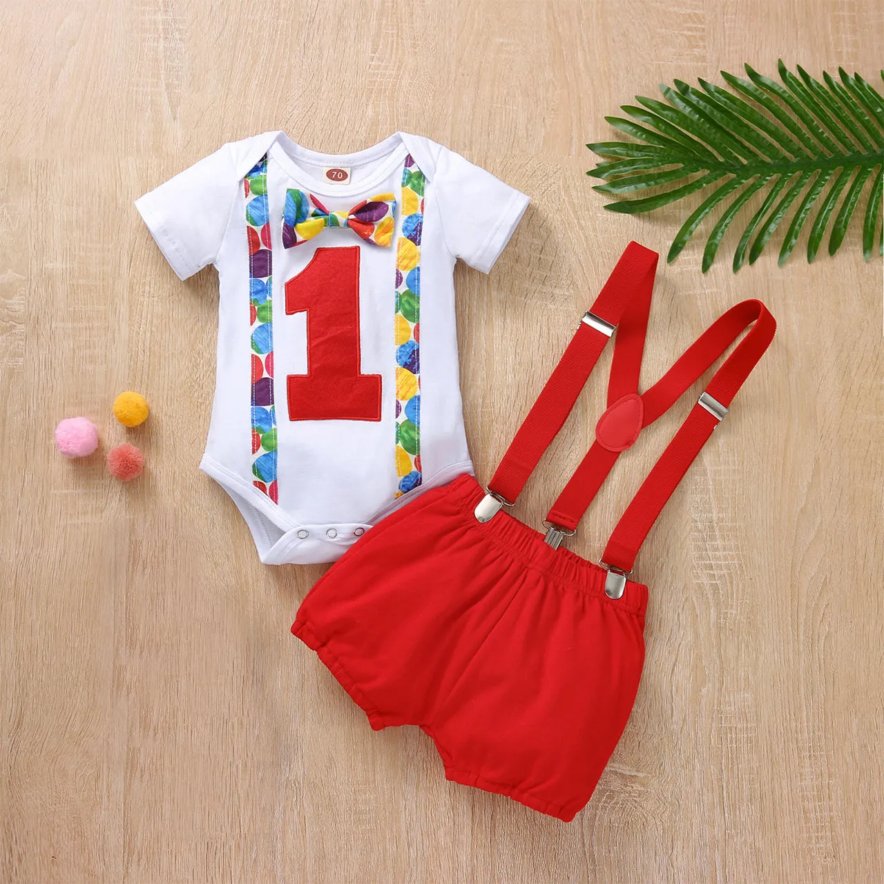 Babymoon 1st Birthday Cake Smash Outfit |Romper & Suspender Costume | 1 Yr - Red