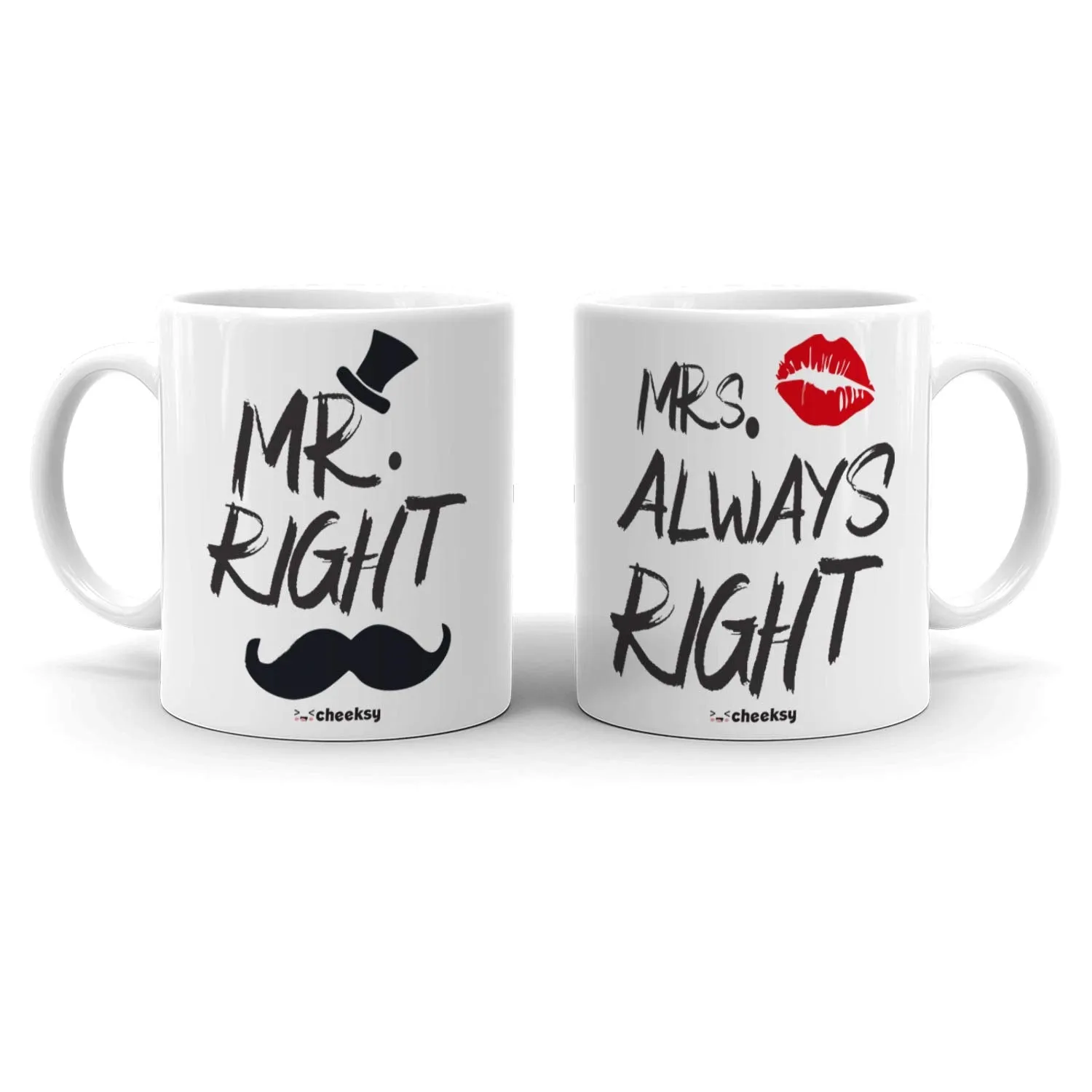 Cheeksy Mr. Right Hat Mrs. Always Right Lips Design Printed 300 ml Set of 2 Stylish Coffee Tea Mug for Couples, Husband-Wife, Girlfriend-Boyfriend, Anniversary, Wedding and Valentine Gift, Under 400