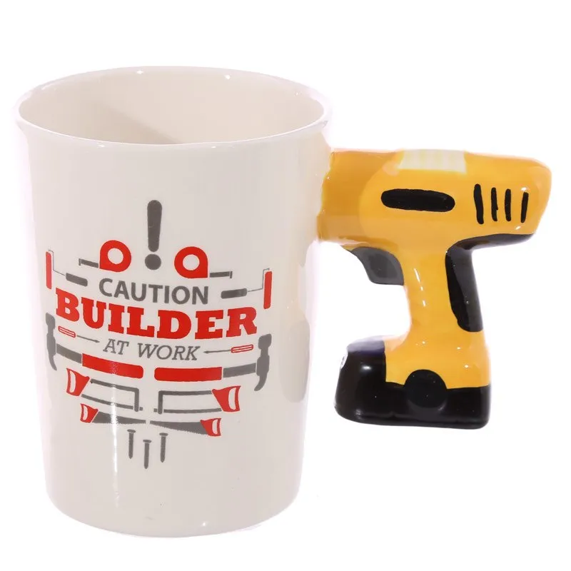 Electric Drill Mug Novelty Shaped Handle Ceramic Tool Mug Gifts for Dad Tool Mug Garage Decor, Woodworking Tools Builders