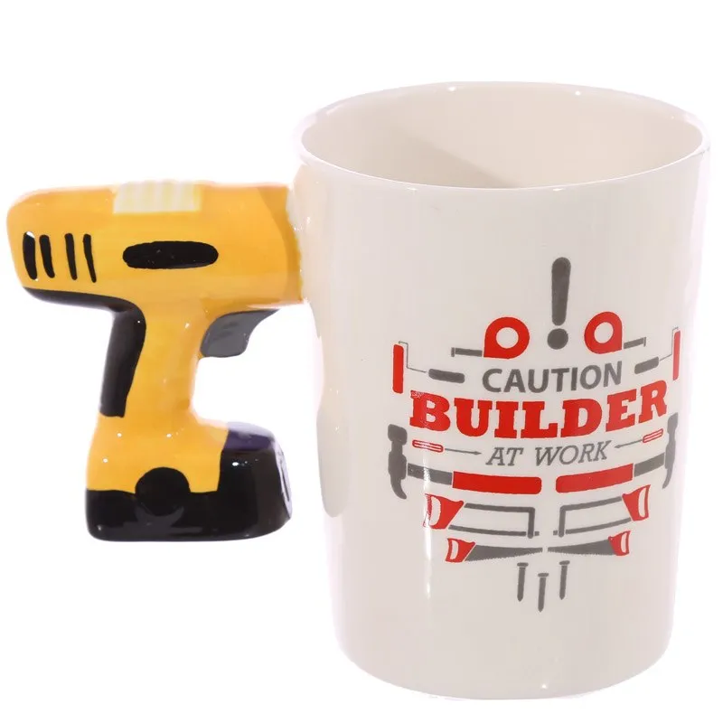 Electric Drill Mug Novelty Shaped Handle Ceramic Tool Mug Gifts for Dad Tool Mug Garage Decor, Woodworking Tools Builders