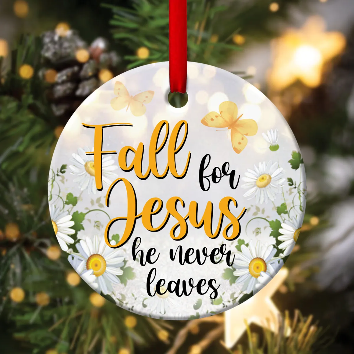 Fall For Jesus - Unique Christian Ceramic Circle Ornament - Christmas Decor - Funny Ornament