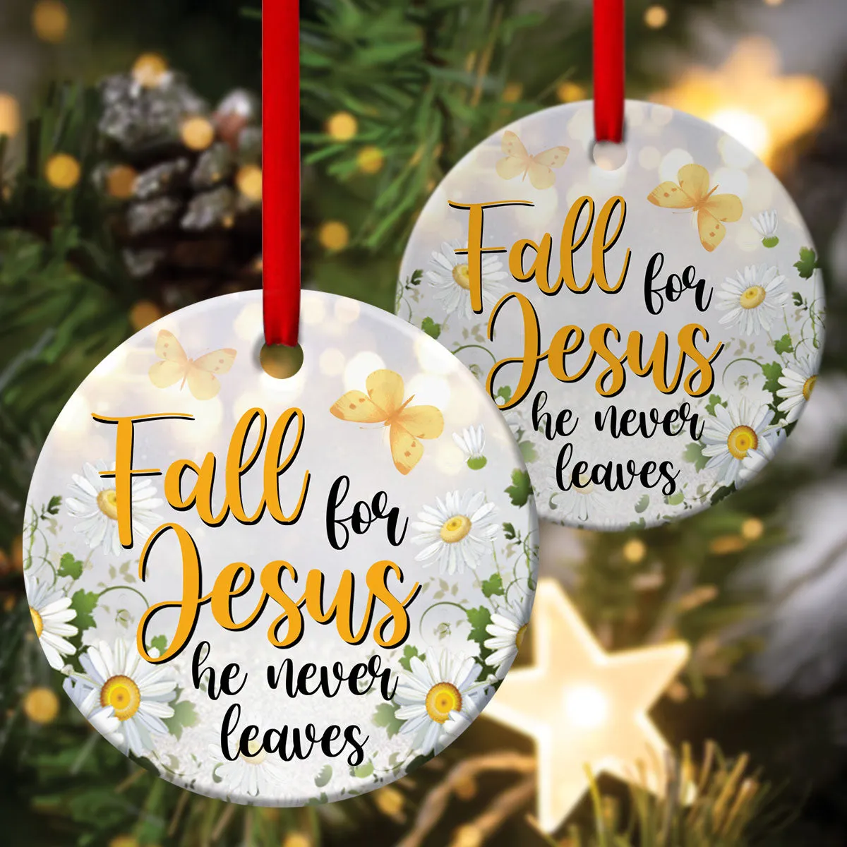 Fall For Jesus - Unique Christian Ceramic Circle Ornament - Christmas Decor - Funny Ornament