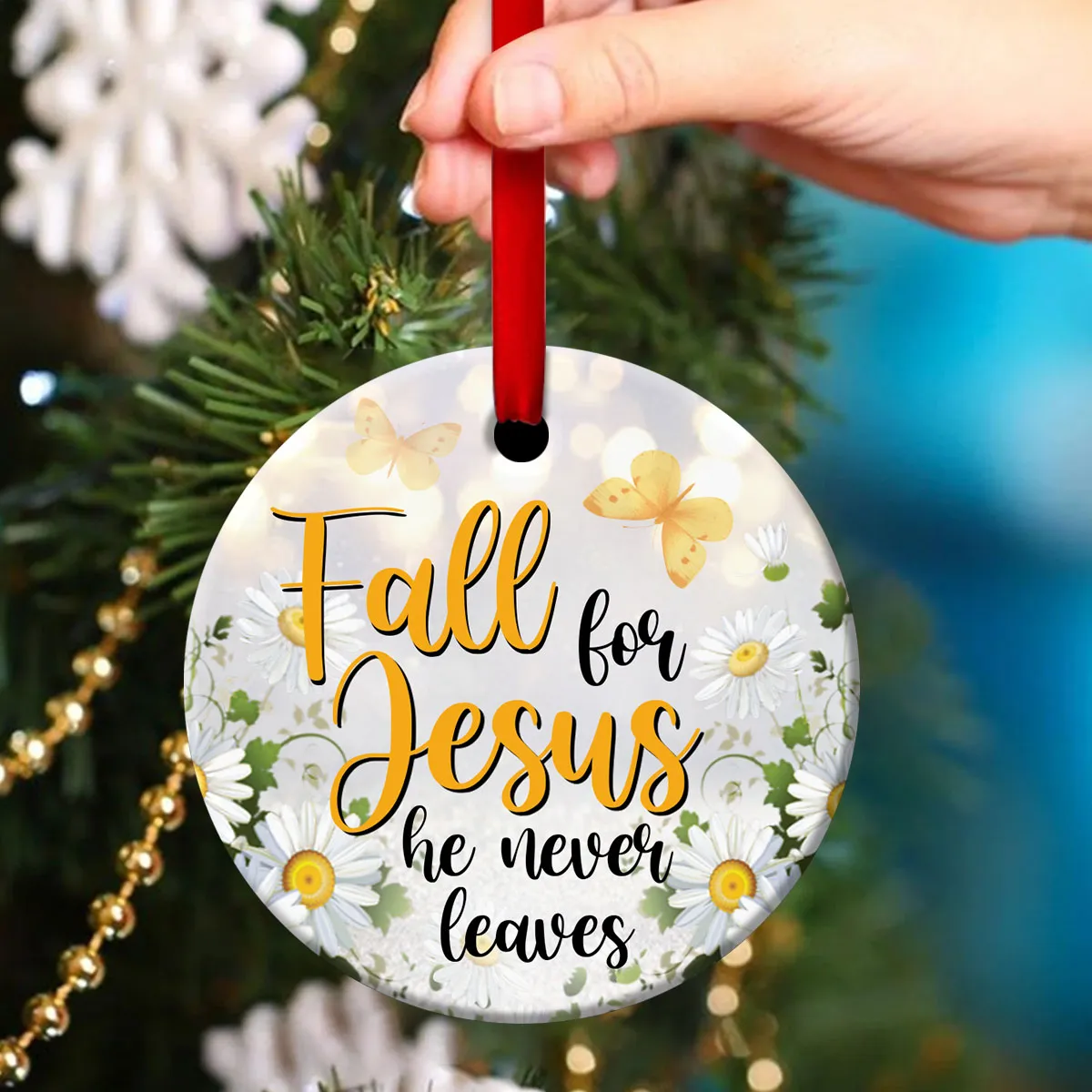 Fall For Jesus - Unique Christian Ceramic Circle Ornament - Christmas Decor - Funny Ornament