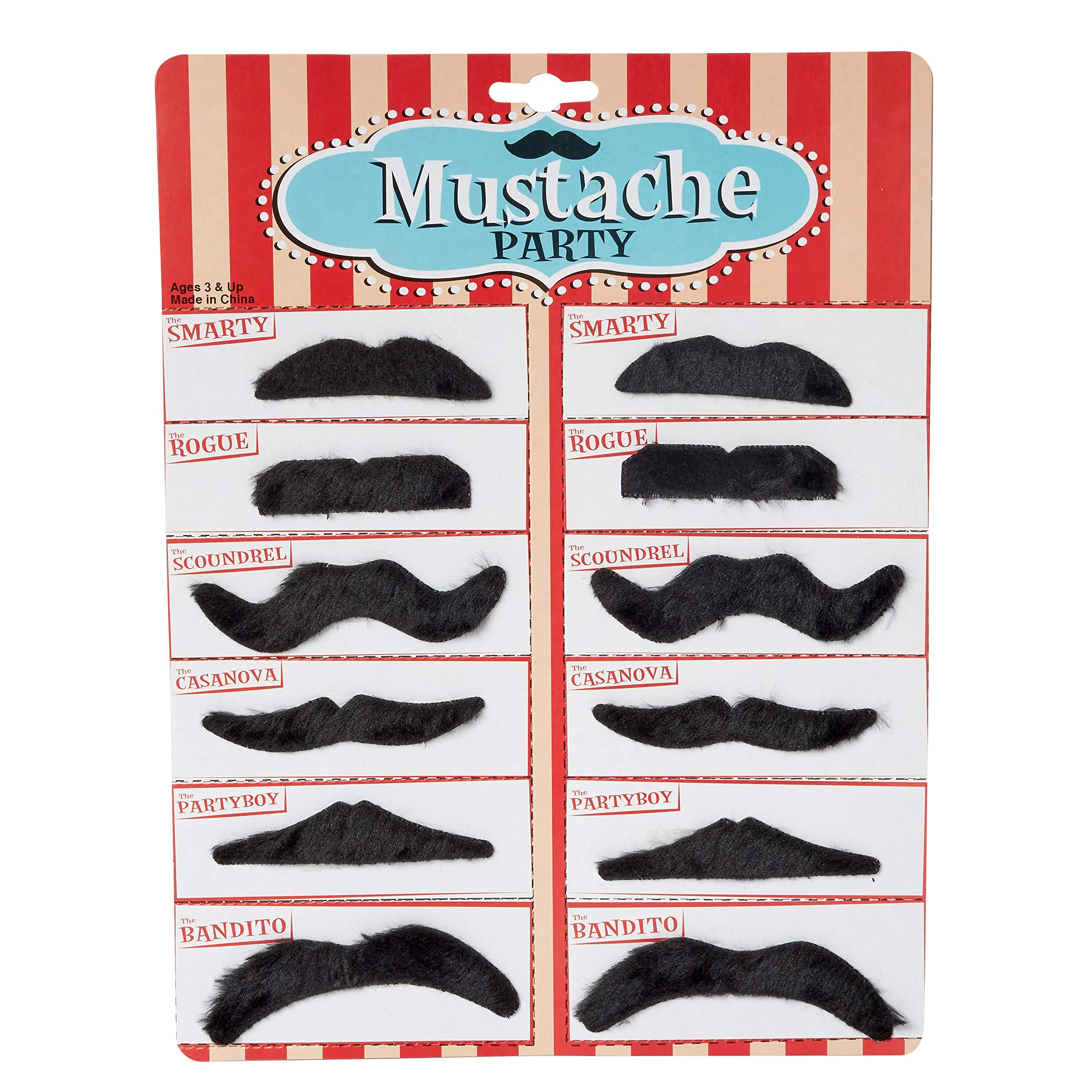 Kicko Party Black Mustache - 12 Adhesive Whiskers for Kids and Adults Costume Play