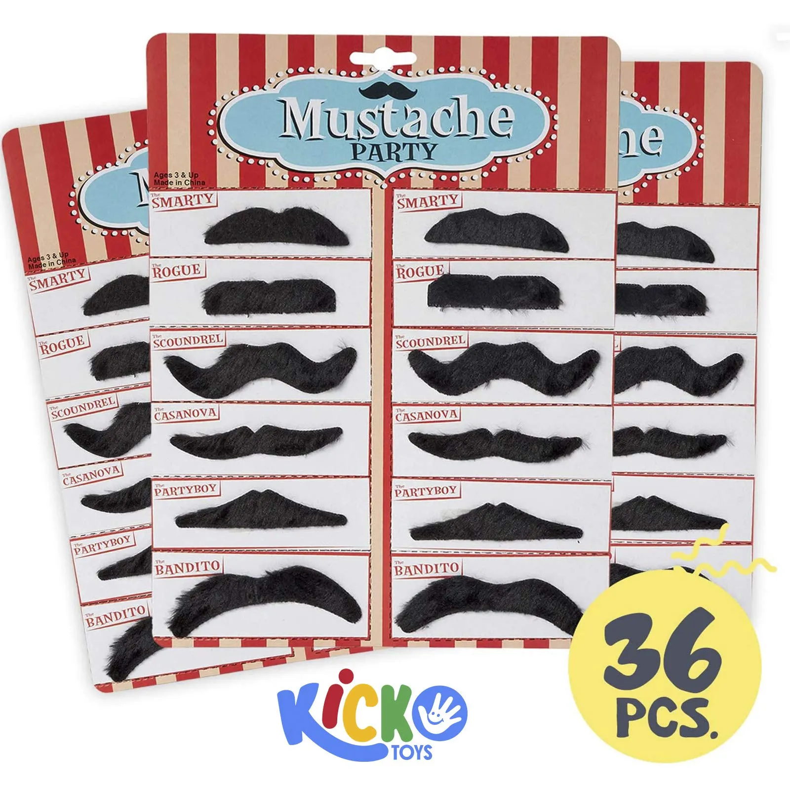 Kicko Party Mustache - 36 Pcs - 3 Cards of Adhesive Whiskers for Kids and Adults Costume