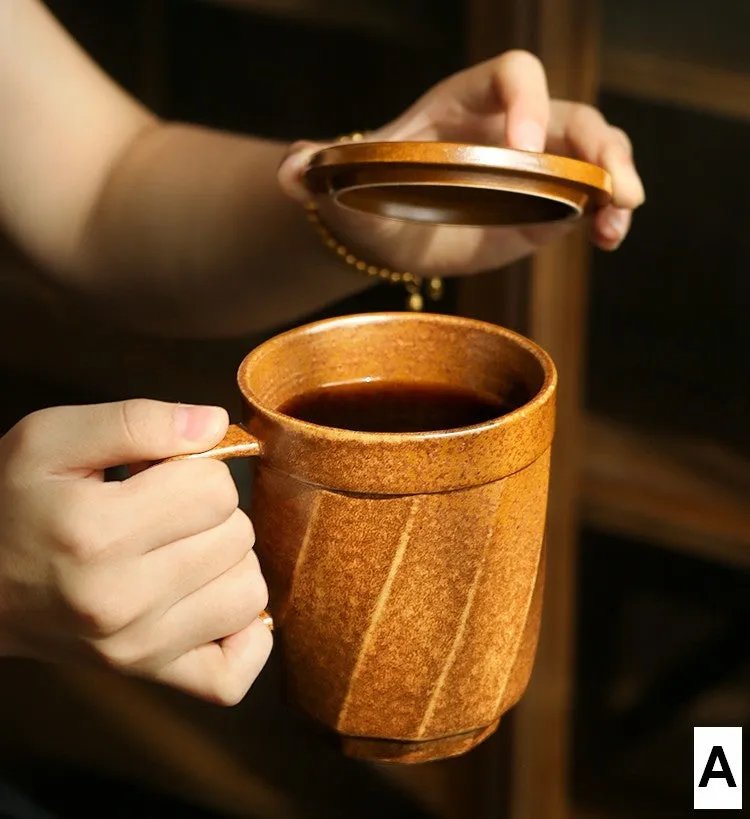 Large Modern Handmade Pottery Coffee Cup, Creative Brown Green Blue Black Ceramic Coffee Mugs, Large Unique Tea Cup, Large Capacity Coffee Mug with Cover