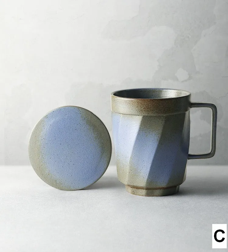 Large Modern Handmade Pottery Coffee Cup, Creative Brown Green Blue Black Ceramic Coffee Mugs, Large Unique Tea Cup, Large Capacity Coffee Mug with Cover