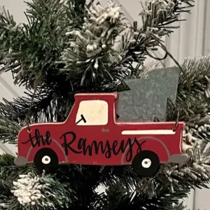 PERSONALIZED RED TRUCK WITH TREE ORNAMENT