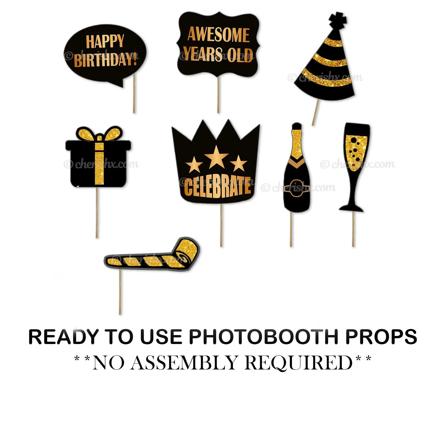 Photo Booth Party Props Happy Birthday Black & Golden