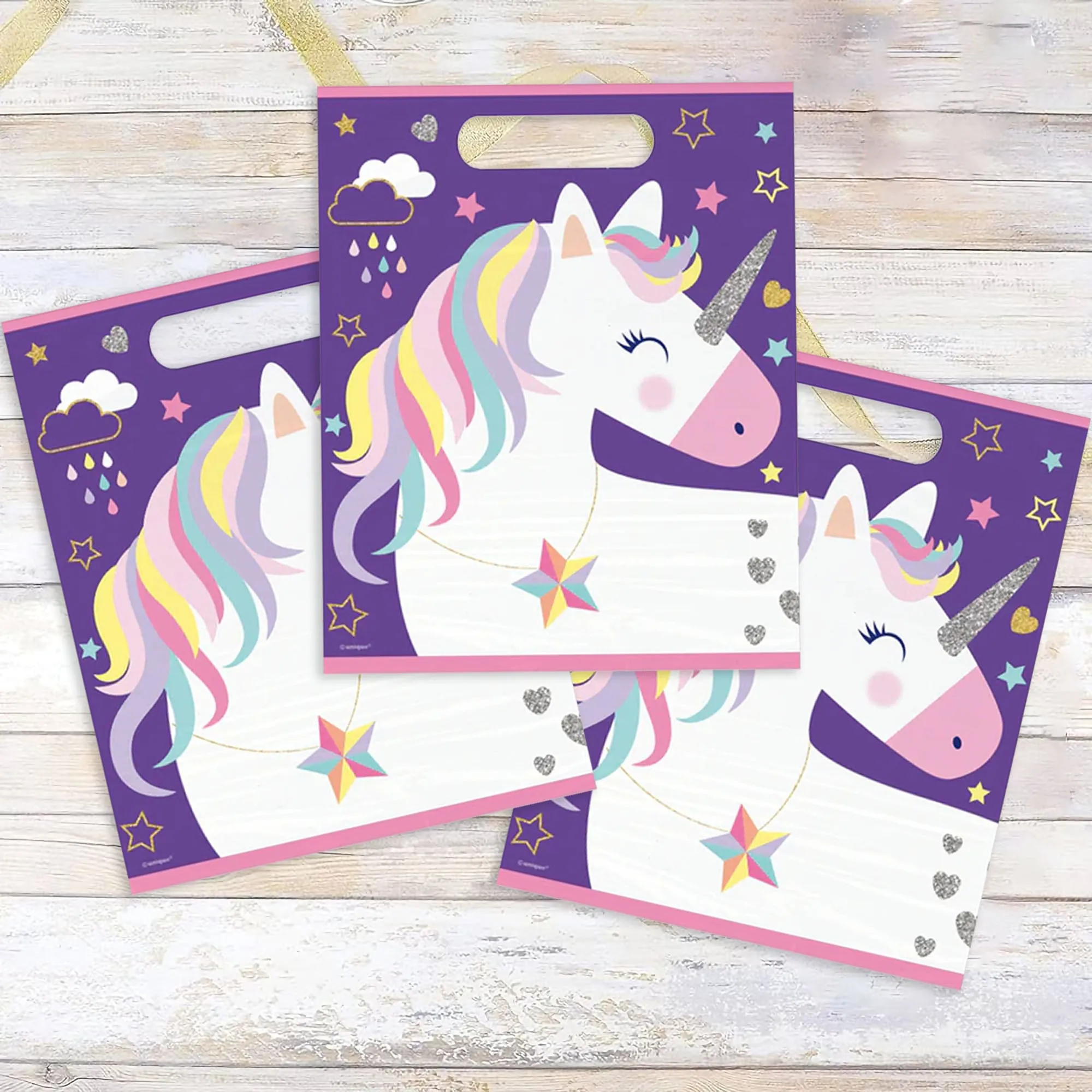 Purple Unicorn Birthday Party Plastic Loot Bags & Party Bags, 11 Inch Size, 16 Count