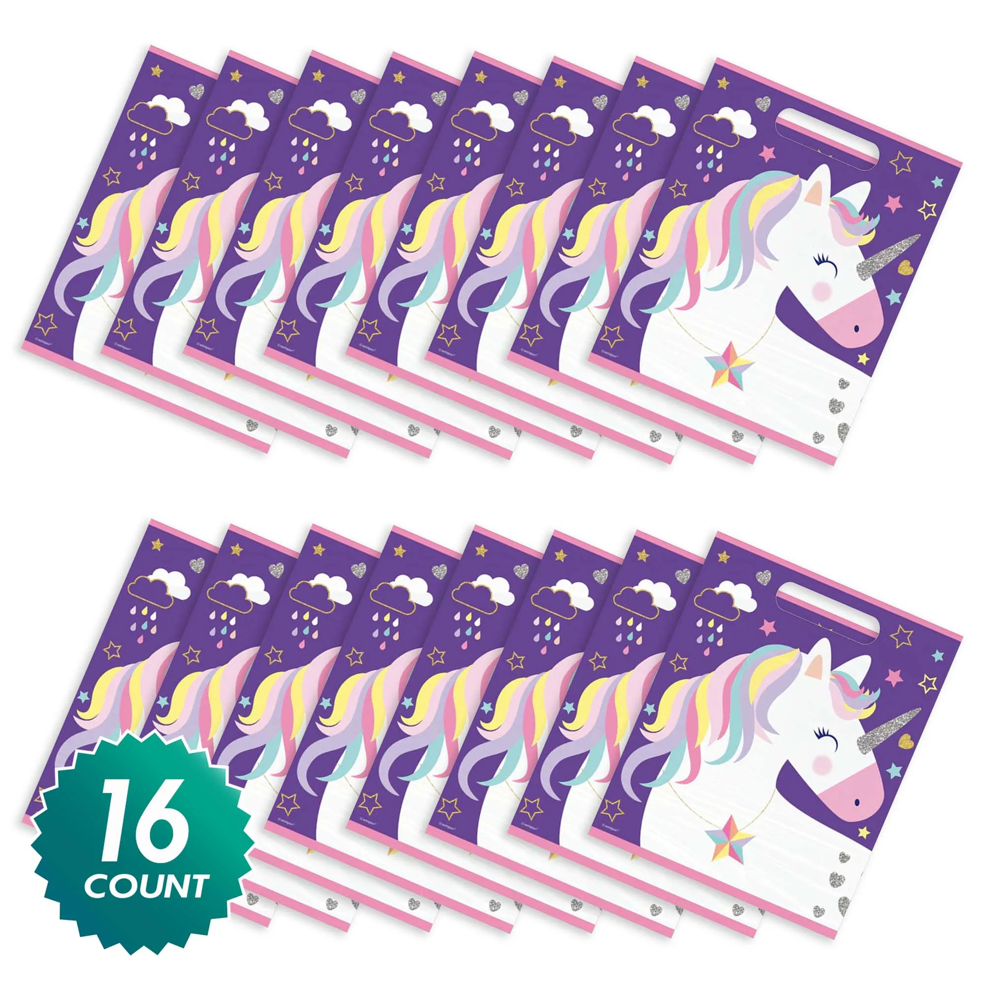 Purple Unicorn Birthday Party Plastic Loot Bags & Party Bags, 11 Inch Size, 16 Count