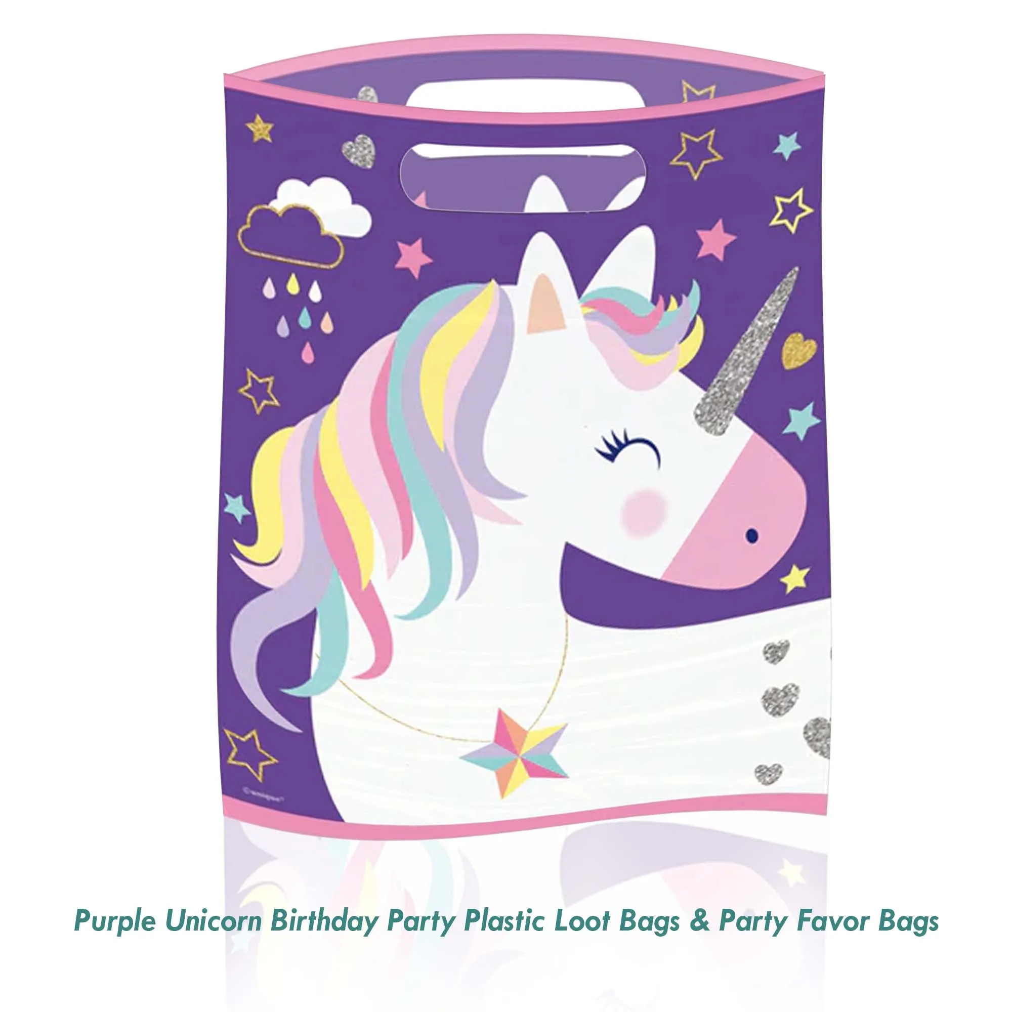 Purple Unicorn Birthday Party Plastic Loot Bags & Party Bags, 11 Inch Size, 16 Count