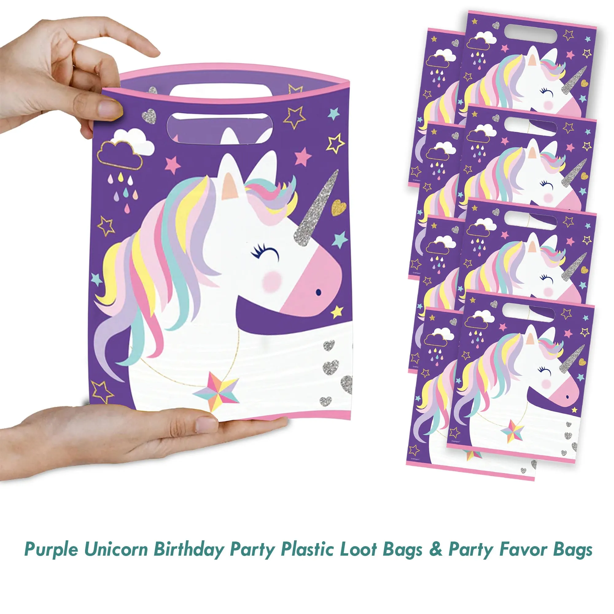 Purple Unicorn Birthday Party Plastic Loot Bags & Party Bags, 11 Inch Size, 16 Count