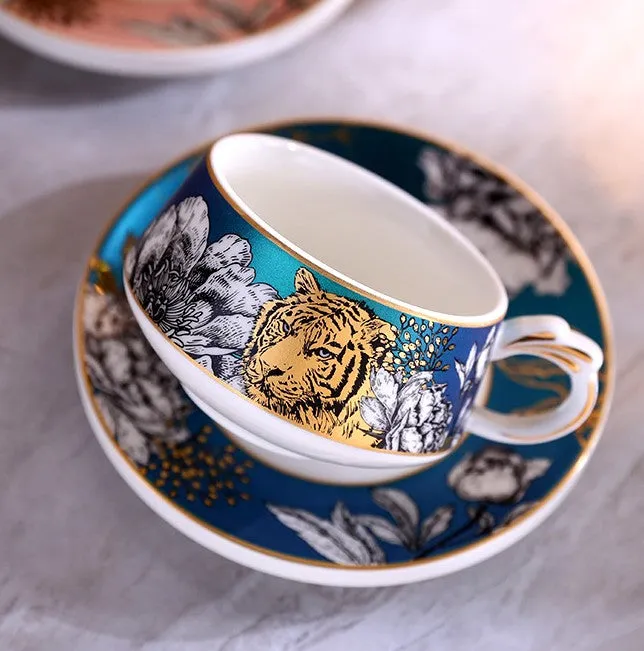 Unique Ceramic Cups with Gold Trim and Gift Box, Creative Ceramic Tea Cups and Saucers, Jungle Tiger Cheetah Porcelain Coffee Cups