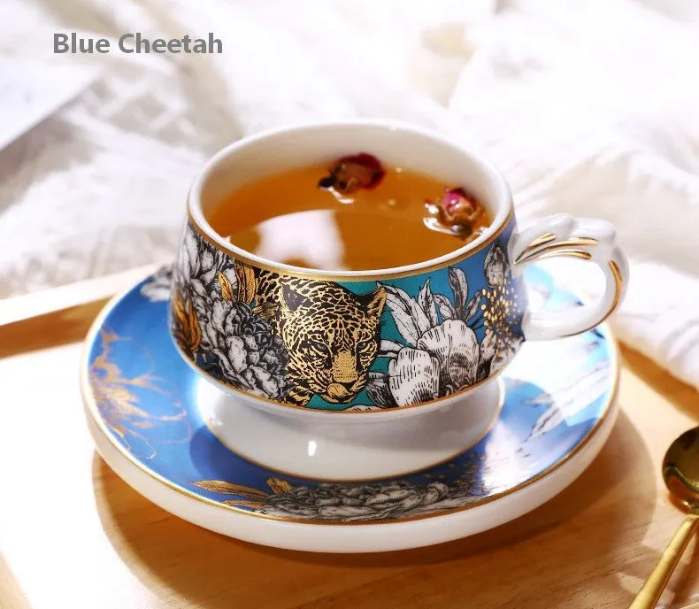 Unique Ceramic Cups with Gold Trim and Gift Box, Creative Ceramic Tea Cups and Saucers, Jungle Tiger Cheetah Porcelain Coffee Cups